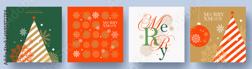 Merry Christmas and Happy New Year Set of greeting cards, posters, holiday covers. Xmas Design with beautiful snowflakes in modern line art style, Christmas tree and typography design. Christmas decor