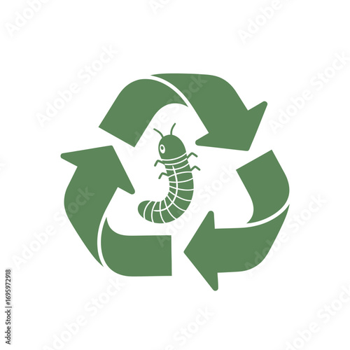 Green recycle symbol with a worm, representing sustainable practices.