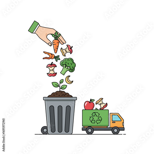 Illustration showing a hand adding food waste to a compost bin, with a recycling truck nearby.