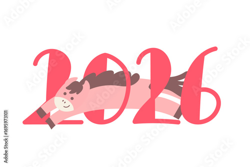 年賀状素材 2026年の文字を馬が通り抜けているイラスト