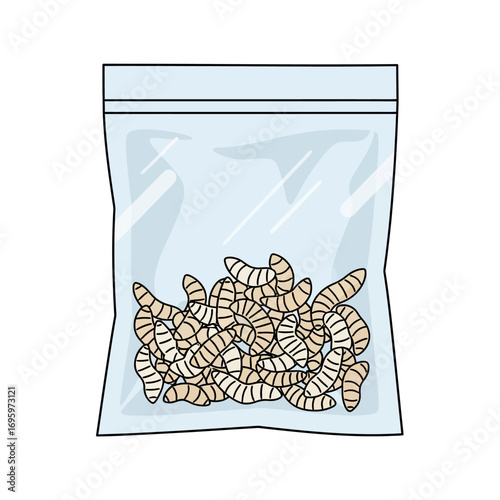 Clear plastic bag filled with various worms for fishing bait.