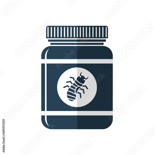 Termite treatment, insecticide bottle, pest control, home protection, dark blue jar.