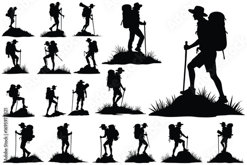 Multiple Black Silhouettes of Hikers with Backpacks and Poles