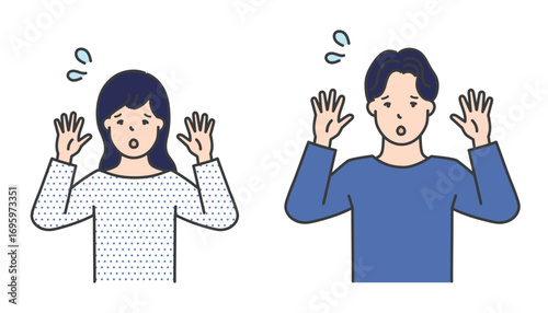 両手を上げて驚く男女イラスト素材