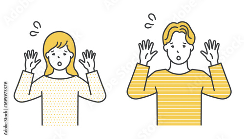 両手を上げて驚く男女イラスト素材