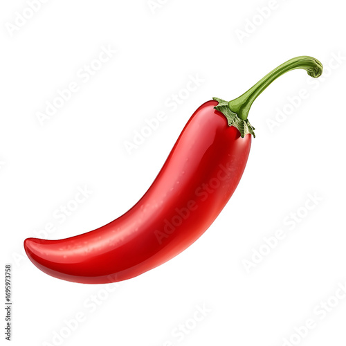 A single red chili pepper with a green stem, isolated on a white background.