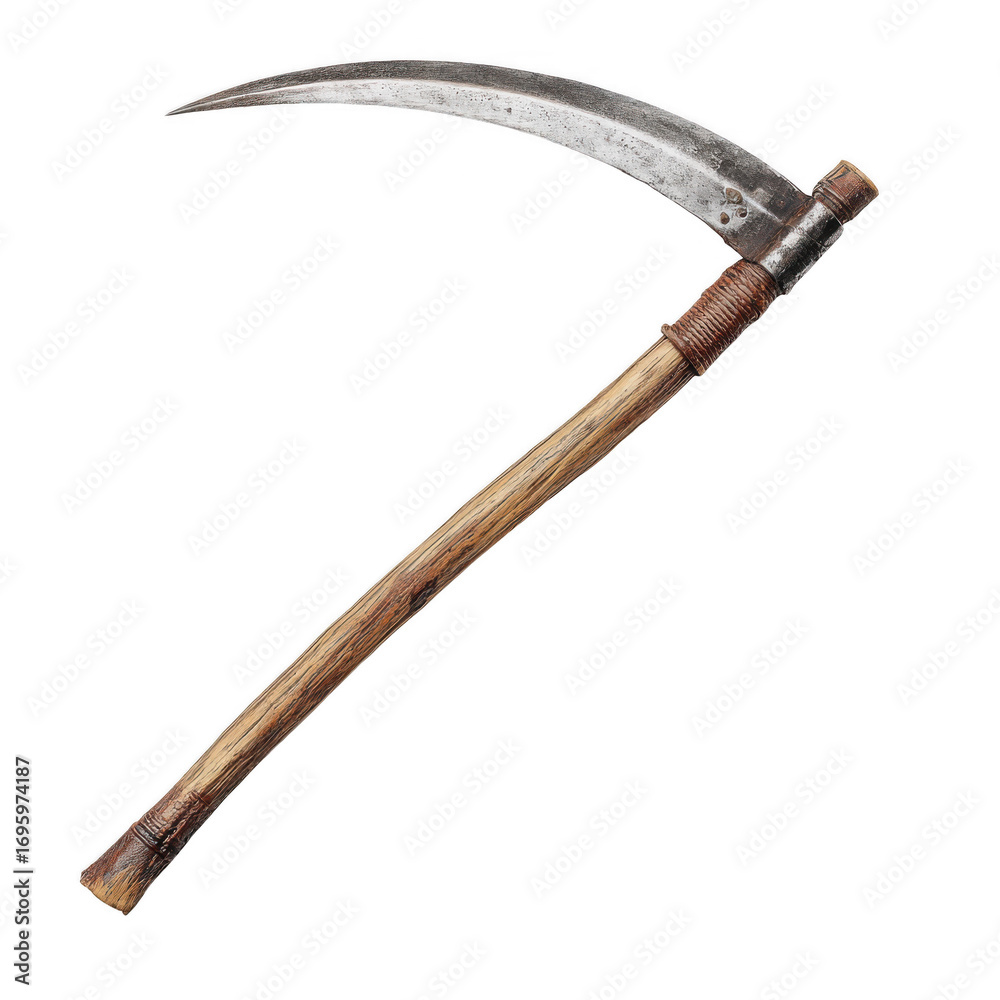 Obraz premium a reaper's scythe with a long curved blade and wooden handle isolated [Transparent Background PNG].
