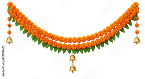 Golden Garland: A vibrant close-up showcases a garland of rich, orange marigold blooms interwoven with verdant leaves, gently adorned with small, gleaming bells.