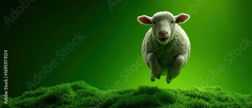 Adorable sheep jumping or levitating over lush green grassy field with vibrant background for farm animal or nature themed design