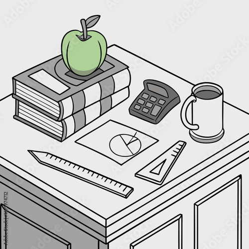 Illustration of a desk with books, an apple, a calculator, a mug, a ruler, and a pie chart, perfect for backtoschool or officerelated themes