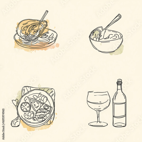 Luxury Food & Drink Vector Panels – Flat Lay Dinner Table, Italian Dishes, Wine Decor