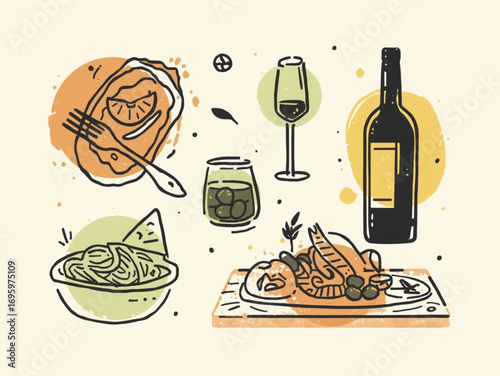 Elegant Culinary Vector Collection – Wine Bottles, Glasses, Meat Dishes, Table Setting
