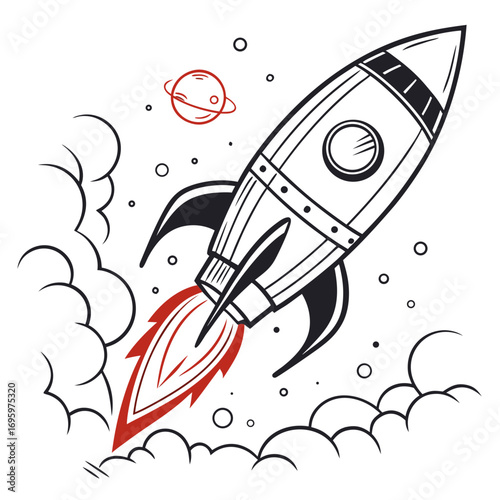 Illustration of a rocket ship with flames and planet, perfect for space exploration or technologythemed designs