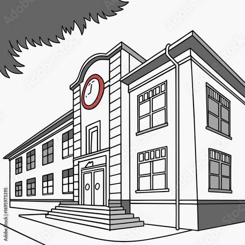 Illustration of a school building with a clock on the facade, representing the importance of education and punctuality