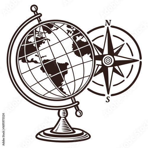 Illustration of a vintage globe and compass, representing travel, geography, and exploration, with detailed continents and navigational tool