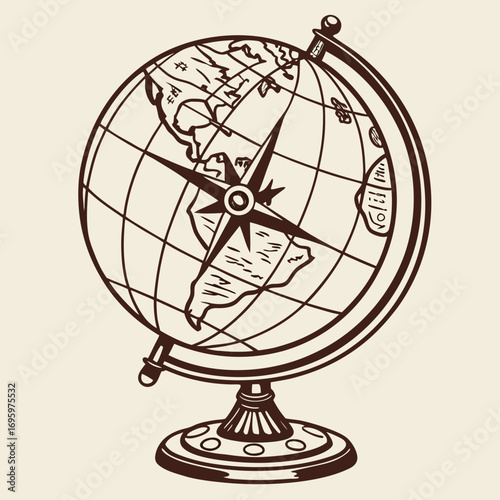 Illustration of a vintage globe, featuring a compass rose, continents, and navigational lines for geography and exploration study