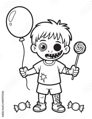 Creepy Zombie Child with Balloon and Candy Halloween Line Art Coloring Page