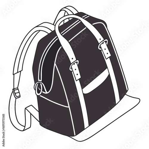 Illustration of a vintagestyle black backpack with white trim, perfect for school, travel, or everyday use