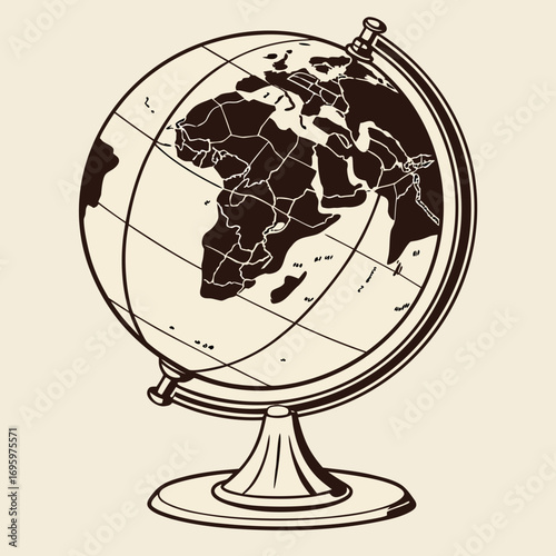 Illustration of a vintage globe with a stand, showcasing continents and oceans in a retro style, perfect for educational use