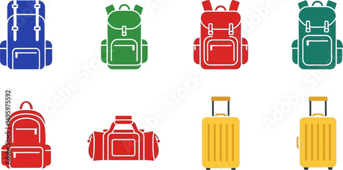 A colorful collection of travel bags including backpacks, duffels, and suitcases.