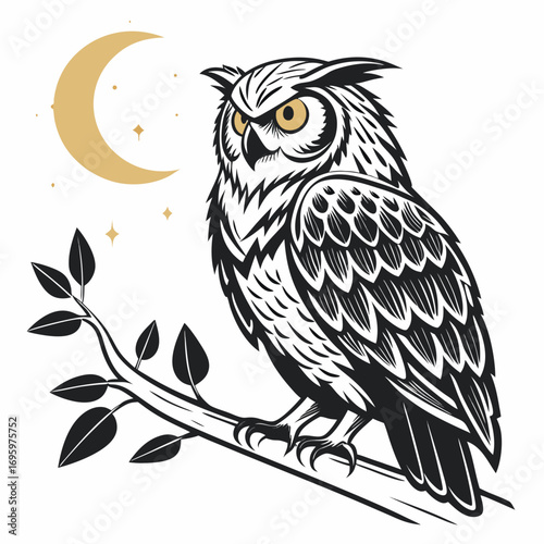Illustration of an owl perched on a branch under the moonlight, showcasing its distinctive features and captivating gaze