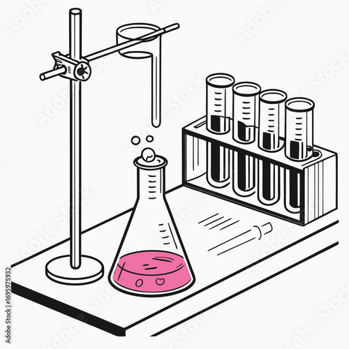 Illustration of laboratory setup with test tubes, erlenmeyer flask with pink liquid, and dropper