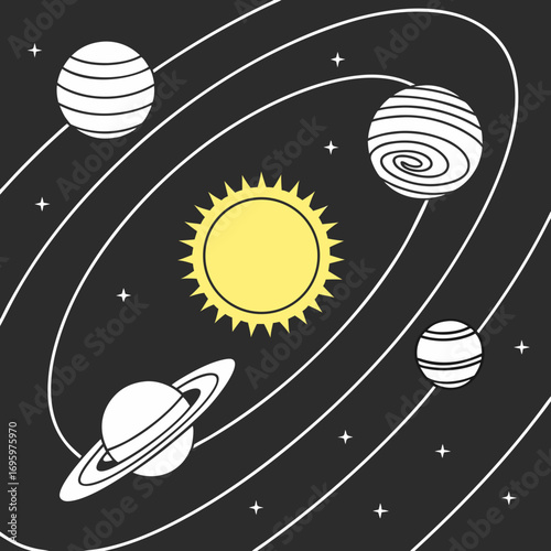 Illustration of solar system with sun, planets, and orbits on a dark background creating a visually appealing and educational representation of space