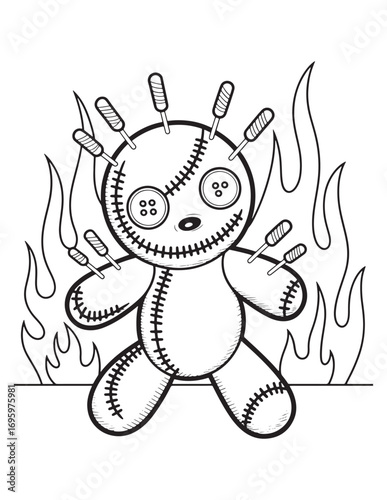 Voodoo Doll in Flames Creepy Halloween Line Art Coloring Page