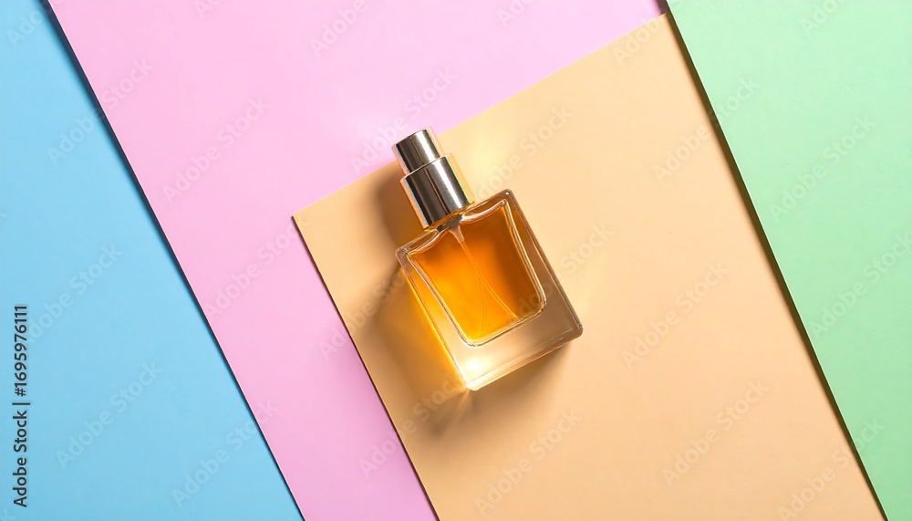 Obraz premium Elegant glass perfume bottle with a luxurious golden liquid, displayed on a creative and colorful pastel paper background for a fresh beauty concept