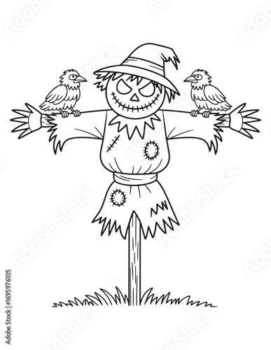 Creepy Scarecrow with Crows Halloween Line Art Coloring Page