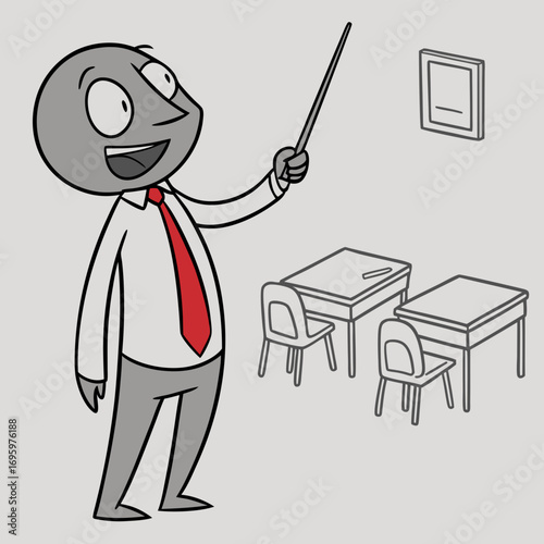 Vector art of a cartoon teacher with a pointer stands in a classroom with desks and a picture on the wall