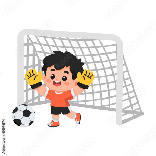 Cartoon Goalie with Ball and Goal