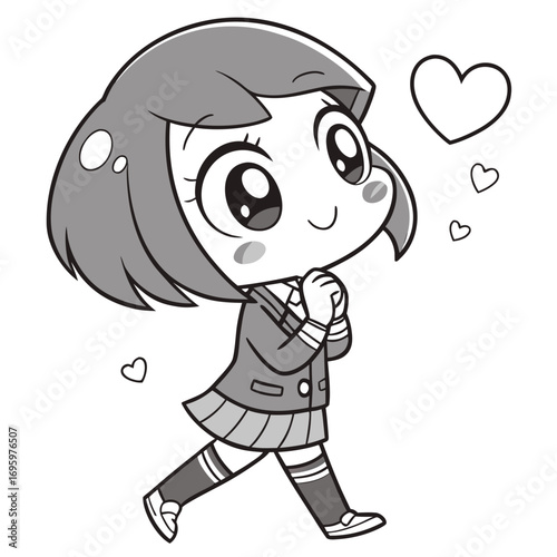 Vector art of a cute anime girl with hearts floating around her, she is wearing a school uniform and has a happy expression on her face