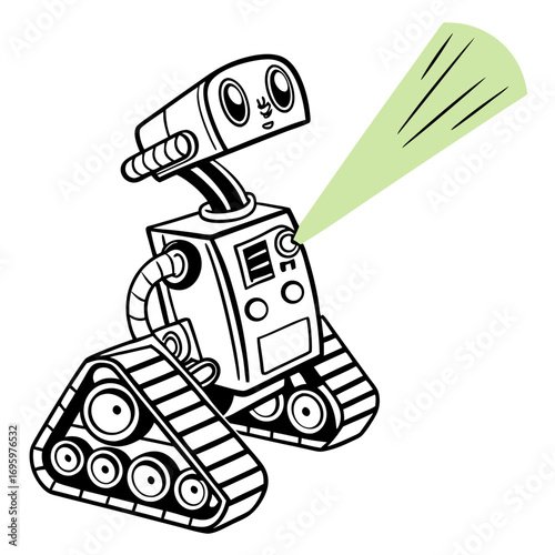 Vector art of a cute robot is emitting a green beam of light, the robot is made of metal and has a boxy head and treads