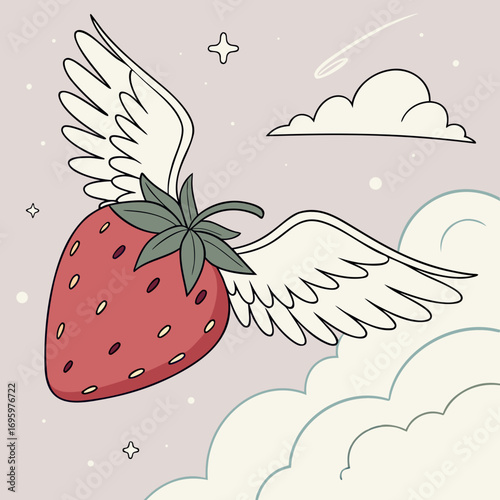 Vector art of a delightful strawberry with wings flying through a dreamy sky filled with clouds and stars, capturing a sense of freedom and sweet adventure