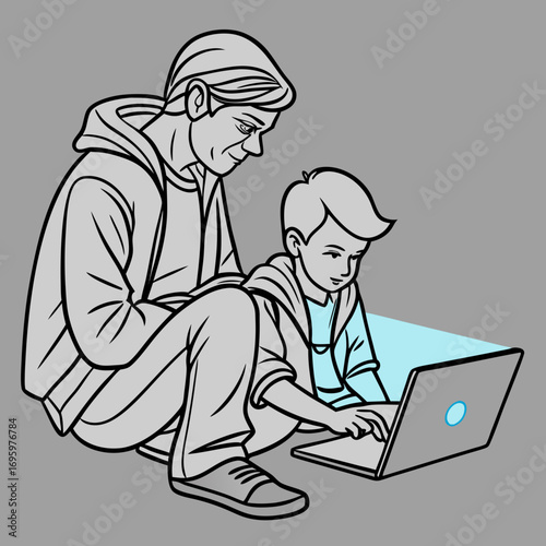 Vector art of a father helps his son with a laptop, highlighting the importance of parental guidance in the digital age and family connection