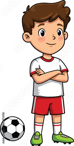 PrintCartoon boy standing confidently, soccer player with crossed arms, football kid in sportswear, vector illustration of young athlete with ball