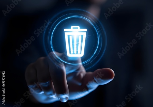 Digital trash can icon glowing on a dark background with a human finger touching it