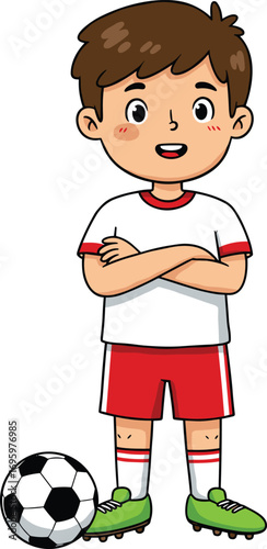 PrintCartoon boy standing with soccer ball, wearing sports uniform and cleats, ready to play football, kid athlete vector illustration