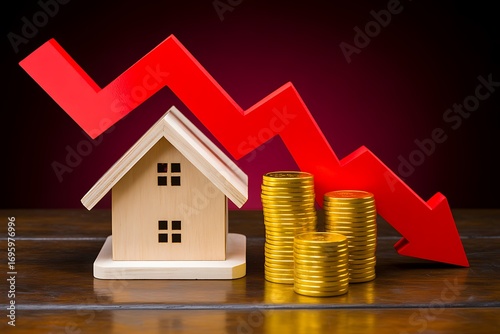 Falling House Prices: Wooden Home Model, Gold Coins, and Red Downward Arrow Illustrating Market Decline.