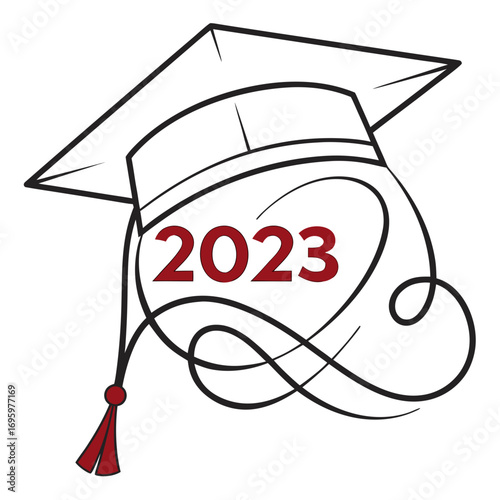 Vector art of a minimalist graduation cap design with the year 2023 elegantly incorporated into the tassel and cap details