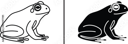 Frog Silhouette: A minimalist artistic representation featuring two contrasting frog silhouettes, one in outline form and the other filled with black, highlighting form and elegance.