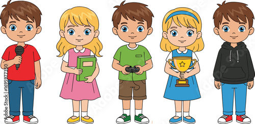PrintCartoon children with hobbies and talents including singing, reading, gaming, winning trophy, wearing hoodie — vector illustration isolated.