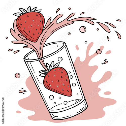 Vector art of a vibrant illustration of strawberry juice pouring into a glass with a strawberry inside, accompanied by a floating strawberry