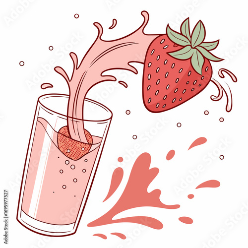 Vector art of a vibrant illustration showcases a refreshing strawberry juice splash, with a strawberry diving into a glass