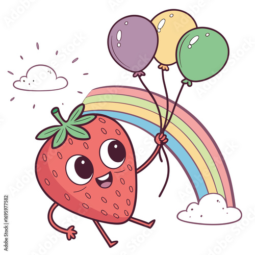 Vector art of a whimsical strawberry character floating with balloons under a rainbow, radiating happiness and positivity