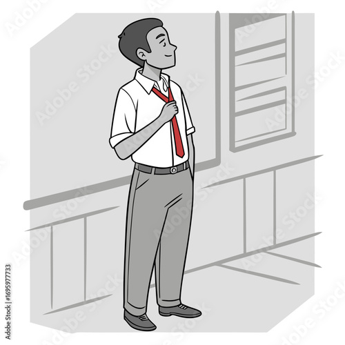 Vector art of a young man in a white shirt and grey pants is adjusting his red tie while standing in a room with a window