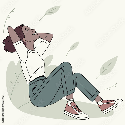 Vector art of a young woman is relaxing on a pillow outdoors, enjoying the fresh air and sunshine, with a sense of peace and tranquility