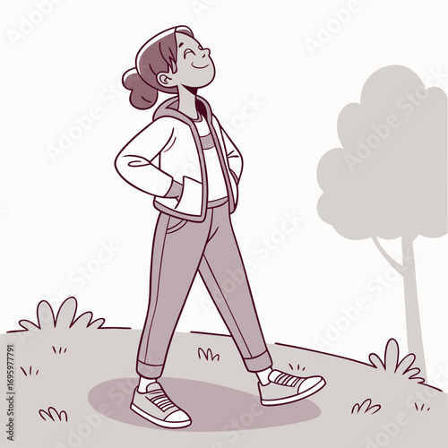 Vector art of a young woman is walking in nature, enjoying the fresh air and sunshine, with a sense of freedom and happiness