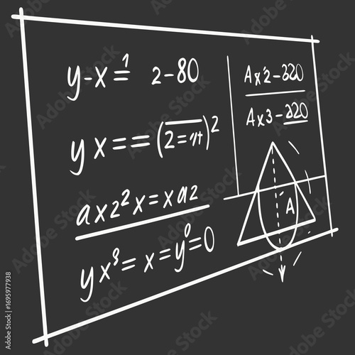 Vector art of blackboard filled with mathematical equations, showcasing complex calculations and formulas, representing education and learning